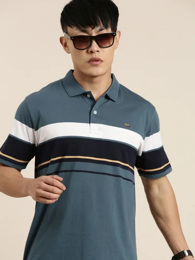 Joven Denim Blue Striped Polo T-Shirt for Men